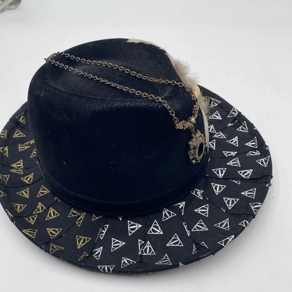 Steampunk Harry Porter Deathly Hallows Hat Black Fedora Size‎ 7 1/8 Feather